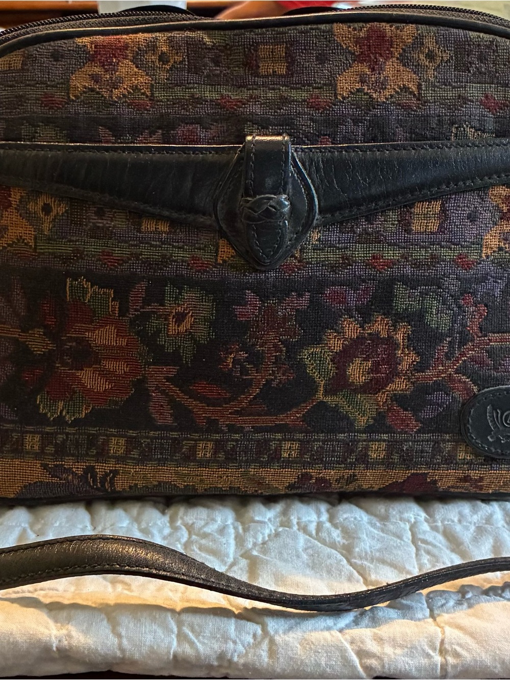 Vintage Liz Claiborne Brown Leather-Trim Floral Tapestry Shoulder Bag